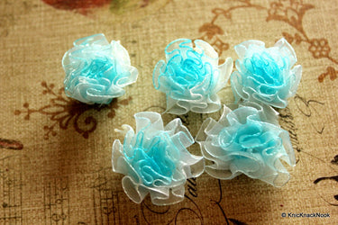 Organza Ribbon Blue and White Carnation Flower Appliques/ Crafts/ Wedding Decoration x 5